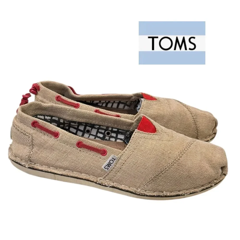 TOMS Women's Burlap Canvas Tan Red Slip-On Shoes Loafers 7.5